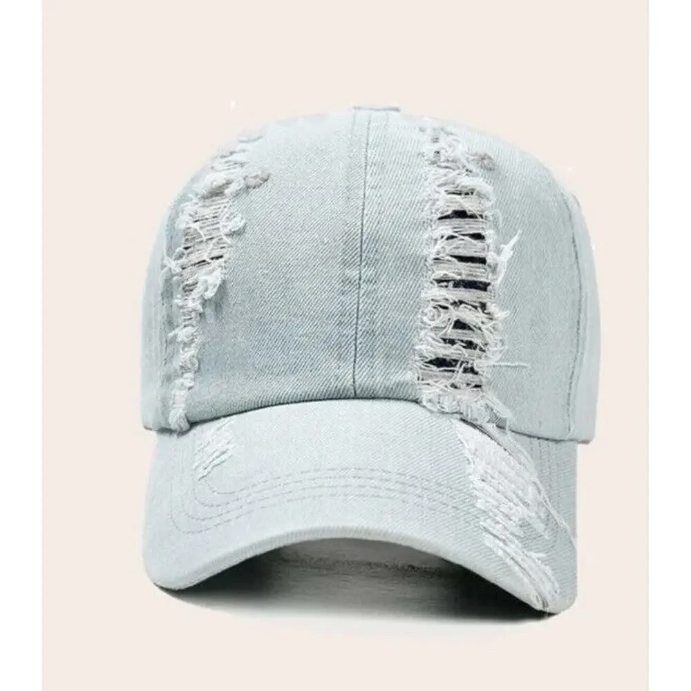 Denim Baseball Cap Distressed Ripped Hat Adjustable One Size Women Men